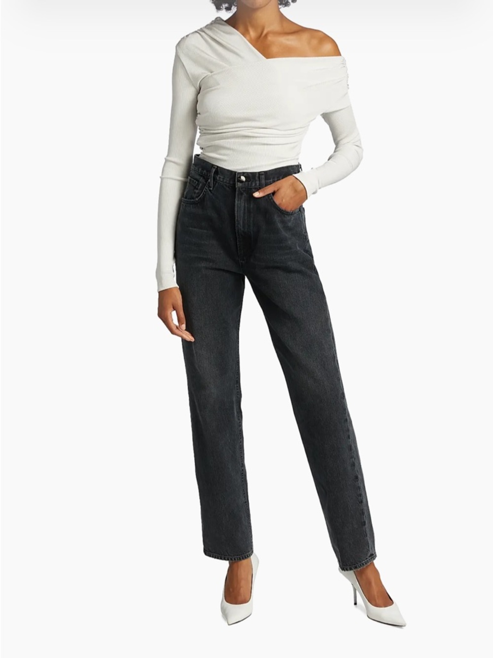 Goldsign The setter off the Shoulder twist front ruched jersey thong bodysuit